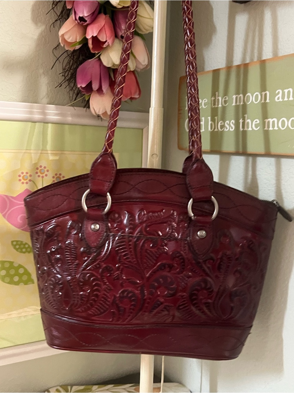 Patricia Nash Burgundy Tooled Plum Leather Shoulder Bag - Picture 8 of 11
